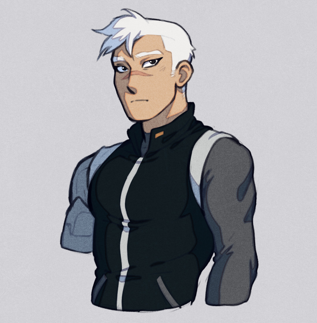 a bust illustration of a young man with white hair and a prosthetic left arm. he is wearing a black and grey athletic outfit and has a determined expression. the art style is cartoonlike, with soft shading and a focus on linework.