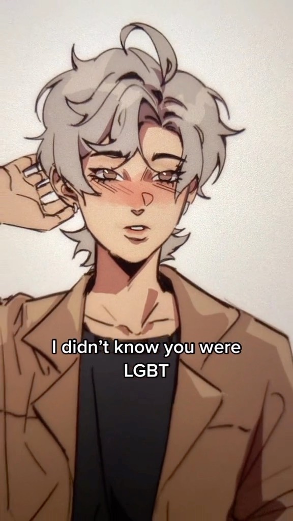 the image is a digital drawing of an animestyle boy with short, gray hair. he's wearing a tancolored coat and a dark shirt. he has a surprised and slightly blushing expression.  a hand is shown lightly touching his hair from behind. text in the image says, "i didn't know you were lgbt." the art style is soft and slightly stylized, with a focus on the character's expression and clothing. the overall tone is playful and slightly suggestive.
