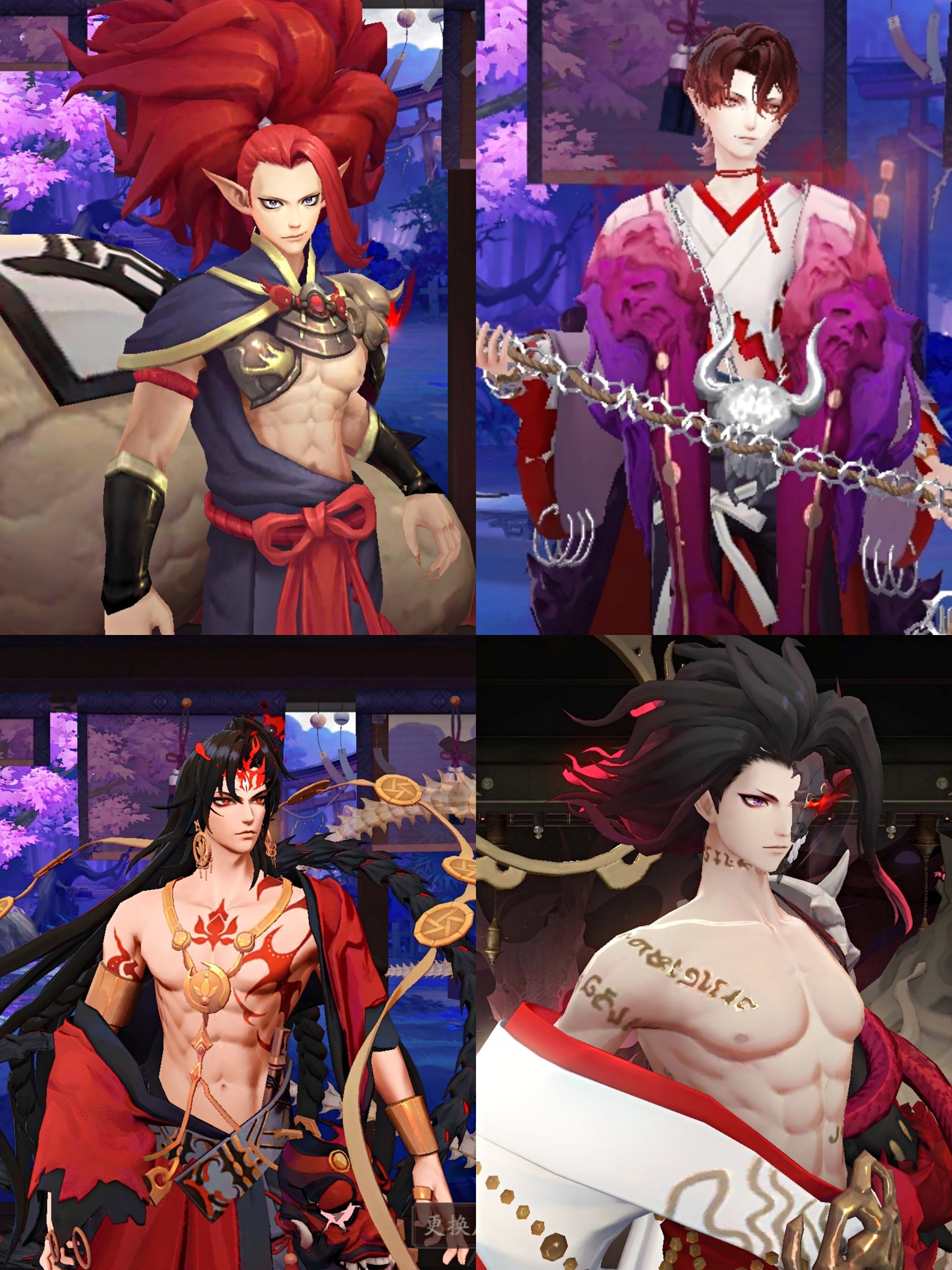 this image shows four different anime characters.  the top left is a man with red hair, a red bandana, a gold necklace, and a dark red kimono. the top right shows a man with black hair, a long white kimono with a red dragon pattern, and a chain necklace with a skull pendant.  the bottom left shows a man with long black hair and a red and black kimono. the bottom right shows a man with long black hair, a red eye, and a white kimono with a red dragon pattern.  the image uses vibrant colours like red, black, and white.  the characters appear to be mythical or supernatural with demonic attributes. the overall style of the image is very detailed and polished, with highquality digital art and illustration.