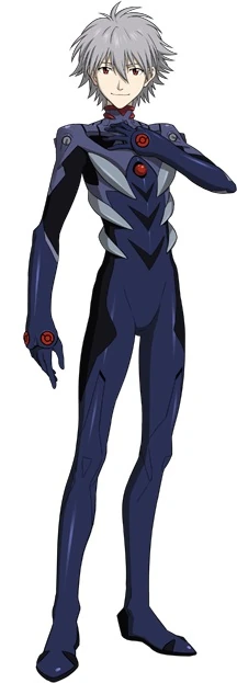 a full body illustration of shinji ikari, a male anime character from the neon genesis evangelion series. he is standing in front of a white background, wearing his iconic blue and black unit 01 pilot suit. his white hair is styled in a short and messy cut, framing his face, while his red eyes stare directly at the viewer. his right hand is raised to his neck, touching the collar, as if he is adjusting it. he appears to be in a thoughtful or slightly tense pose. the illustration is drawn in a digital style with sharp lines and vibrant colors.