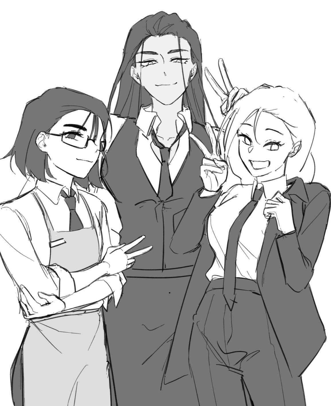a black and white sketch of three women in a casual pose. the woman in the center has long black hair and is wearing a suit and tie, with a serious expression. the woman on the left has short black hair and is wearing an apron over her white shirt, and she is smiling. the woman on the right has long blonde hair and is wearing a suit and tie, and she is smiling and gesturing with her fingers. they all look happy and relaxed.