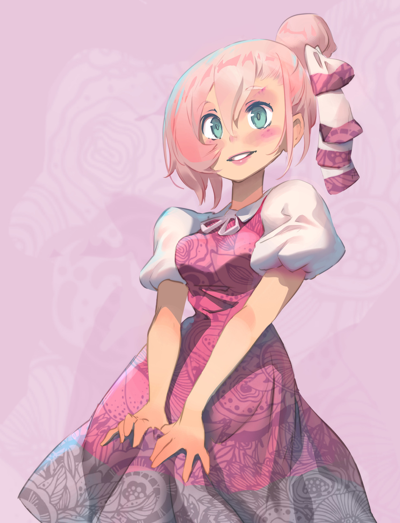 a cute anime girl in a pink dress with a bow, smiling happily. the girl has long pink hair tied with a pink ribbon. the background is a soft pink with swirls.  the image is drawn in a cartoon style.
