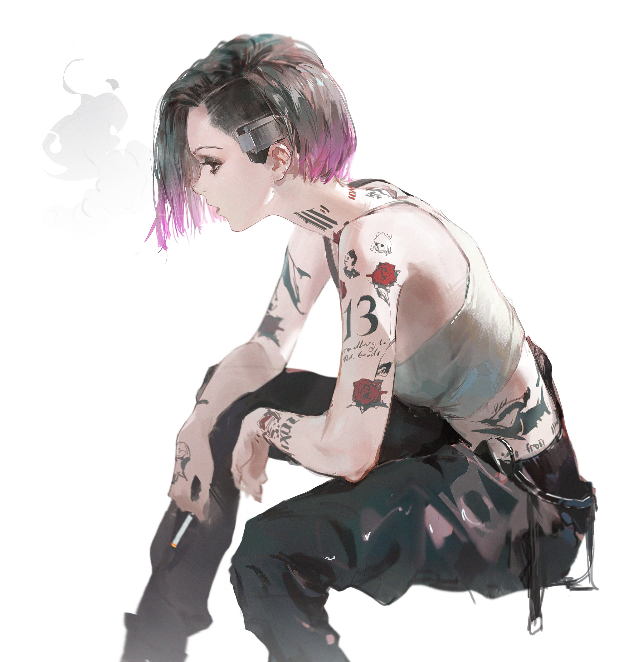 this is an illustration of an anime girl. the girl has pink and black hair and a shaved side. she is wearing a tank top and dark pants. she is sitting with her knees bent. she is looking down with a cigarette in her hand, and there is a trail of smoke. she has various tattoos on her arms and body.