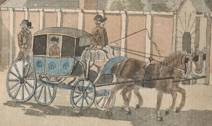 a watercolor painting depicts a horsedrawn carriage with two horses moving along a street. the carriage has a blue body and black top, with a passenger visible inside. a driver sits at the front of the carriage, while another person stands at the back. the horses are wearing blinders. the scene appears to be from a historical period, indicated by the clothing and style of the carriage. the background shows a building with a striped facade.