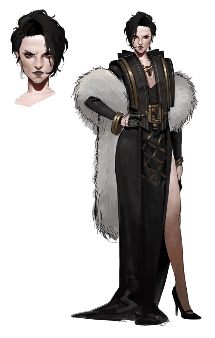 a digital drawing of a darkhaired, confident woman in a black dress and fur coat with gold jewelry. she has a stern expression and one hand on her hip. the woman is drawn in a stylized fashion, with detailed clothes and features.