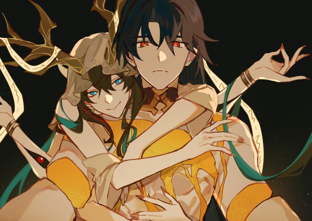 the image depicts an animestyle couple embracing each other. the male character, who is on the left, is wearing a golden and yellow outfit, and the female character, who is on the right, is wearing a teal and white outfit. they both appear to be a god and goddess and have long, flowing hair. the male character has dark hair and red eyes, while the female character has dark hair and teal eyes. they both have horns on their heads. the image is set against a dark background, which creates a sense of mystery and intrigue. the image is likely to be a romantic illustration or fan art of a popular anime couple.