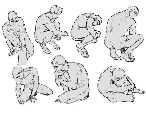 this is a black and white sketch of a man. the image is comprised of 7 individual drawings of a male figure in various poses. the sketch style is loose and freehand, emphasizing gesture and contour, it is likely a study for a more finished work.