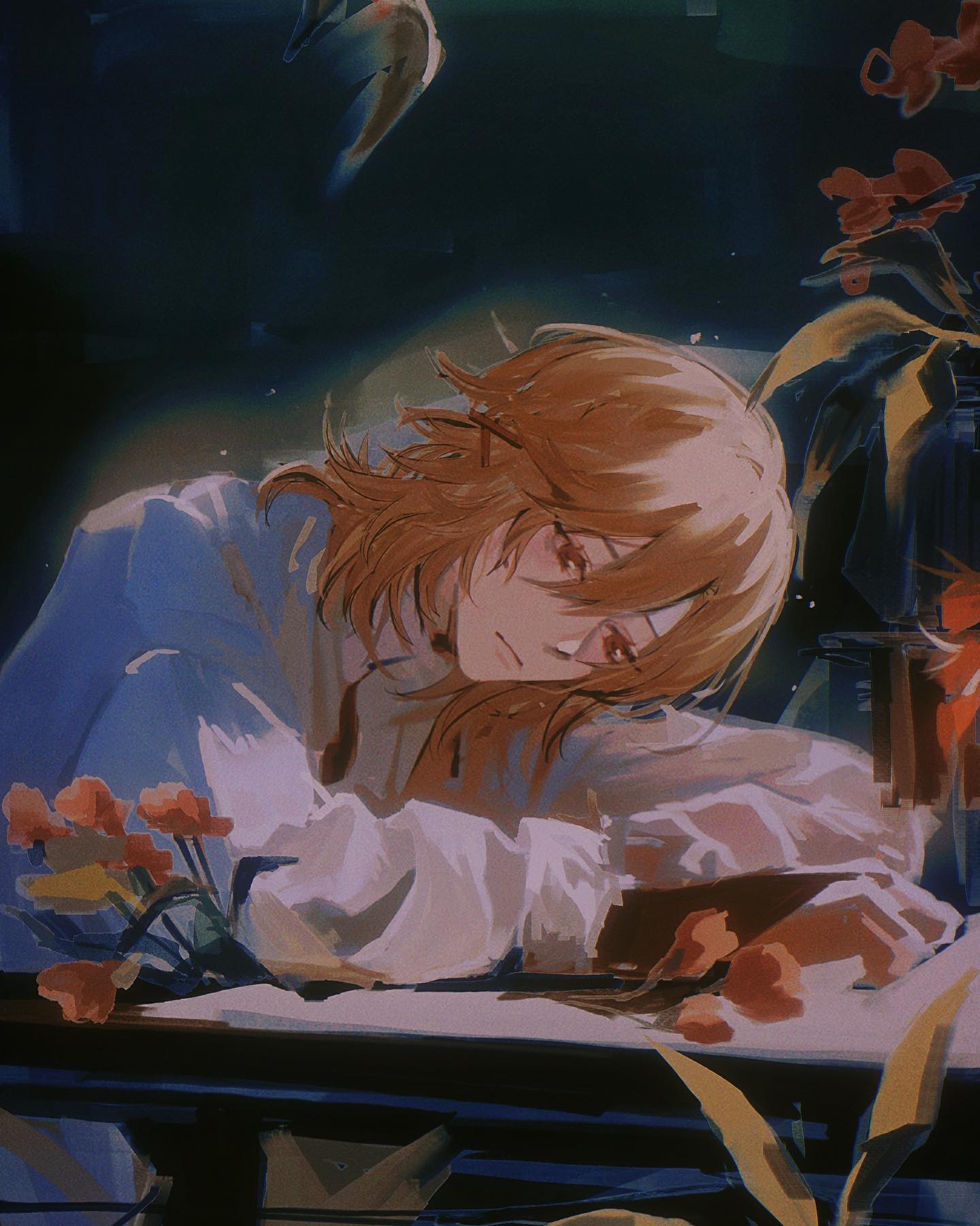 the image shows a digital painting or illustration of a young animestyle man with long, light orange hair. he appears to be leaning on a table, his face resting on his arms. his expression is one of sadness or weariness. the background includes flowers in a vase, and the overall color palette is muted and soft, with blues, oranges, and purples predominating. the style is evocative of vintage or retro aesthetics, with a dreamlike and somewhat melancholic atmosphere.
