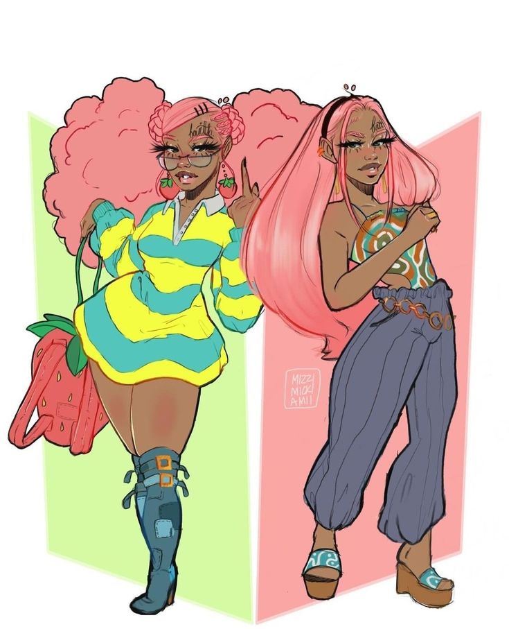 this is a digital drawing of two girls. both girls have bright pink hair. the girl on the left is wearing a yellow and blue striped shirt, a pair of blue, white, and brown boots, and is carrying a strawberryshaped purse. the girl on the right is wearing a colorful, croptop, widelegged blue pants, and white and pink sandals. the background is pink and green.