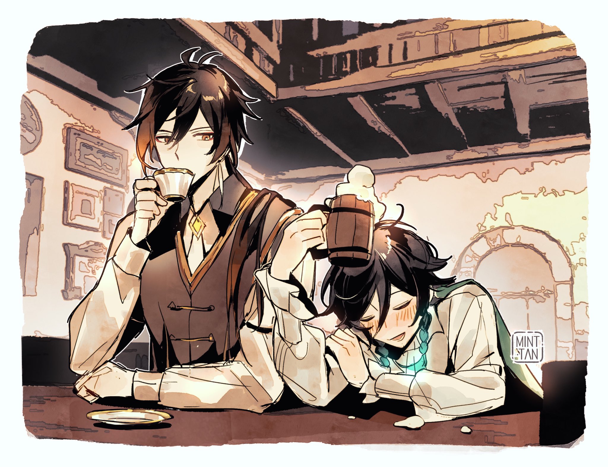 two anime boys are sitting at a table in a pub, one is drinking tea and the other is drinking beer. they both look very happy and relaxed. the image is a digital illustration that appears to be from a manga or anime.