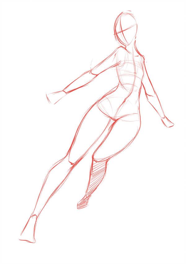 a red colored sketch of a female figure posing dynamically. the figure is sketched with simple lines and is posed in a dynamic action pose. the figure is facing away from the viewer with arms extended and legs in an athletic pose, giving the appearance of movement and action.