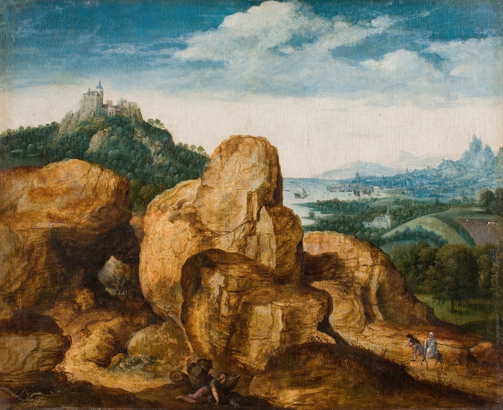 the image is a painting depicting a landscape with large rocks in the foreground. behind the rocks, there is a landscape with a city on a bay, ships in the water, and mountains in the background. a castle sits on a hill in the distance. in the foreground, there is a figure lying on the ground, and a man riding a horse. the sky is blue with clouds.