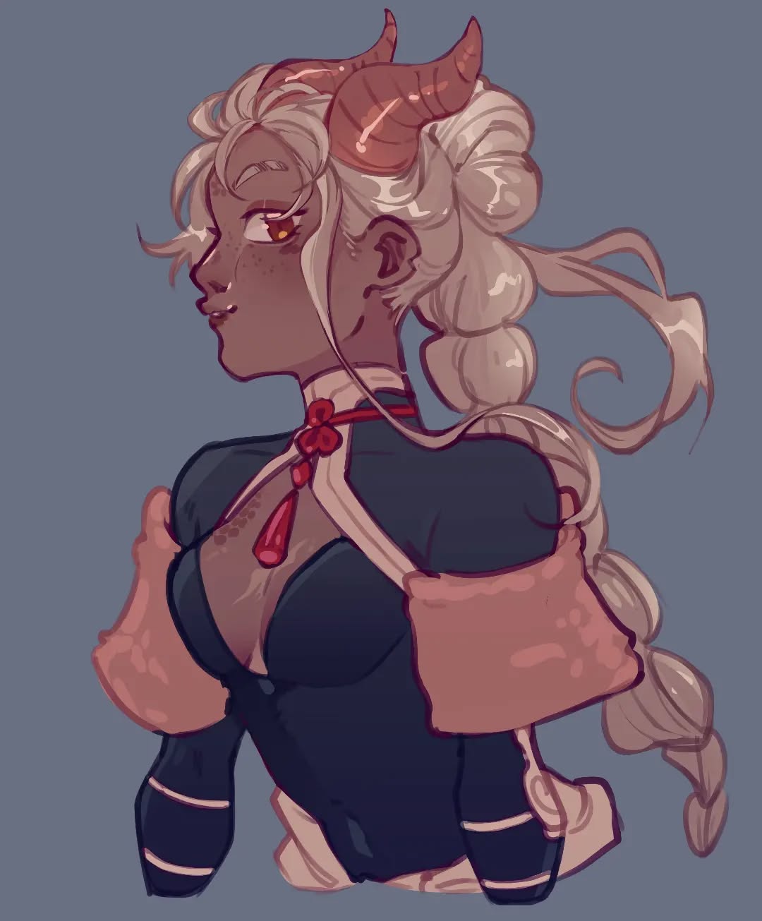 the image is a digital painting or illustration of a stylized female character. she appears to be of fantasy or anime style, possessing reddishbrown horns curving back from her head and long, braided, light blonde or white hair styled in an updo. her skin is a rich brown tone, adorned with freckles. she wears a dark blue or navy, lowcut top that incorporates elements reminiscent of asianinspired clothing, featuring a red decorative tassel or ornament at the collar.  she also sports pinkishtan shoulder pads or accessories. the overall style is loose and painterly, with visible brushstrokes, creating a soft and slightly expressive feel. the character is shown from the side, giving a threequarter view. the background is a muted bluishgray.