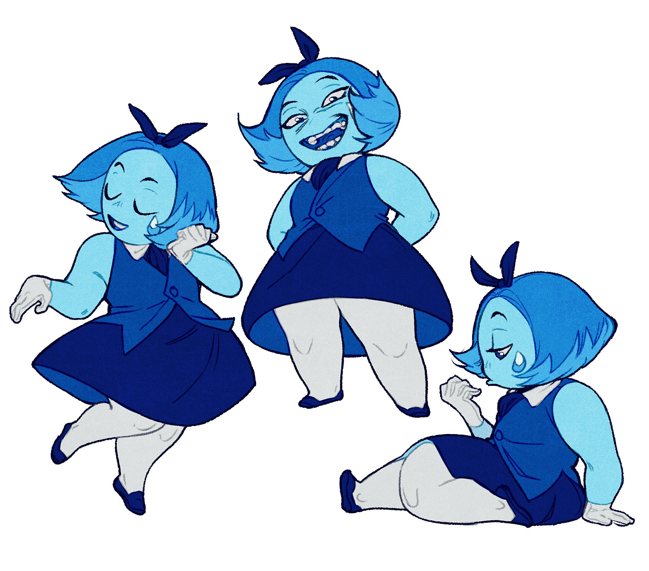 a cartoon drawing of a  blueskinned girl with short blue hair in three different poses.  she has a large, blue gemstone on her forehead. the character is wearing a blue and white dress, white socks, and black shoes. the drawing is done in a chibi style, with exaggerated features and a cute aesthetic.