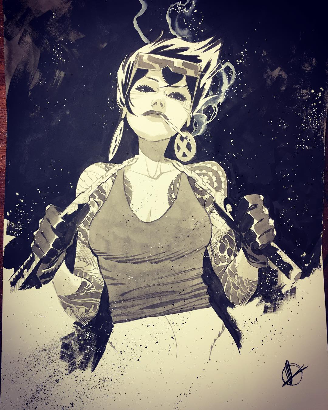a black and white illustration of rogue from the xmen. she is shown with her signature red and black hair style, a tank top, tattoos, a cigarette in her mouth and a serious expression. she is holding two weapons, one in each hand. the background is black with white dots.