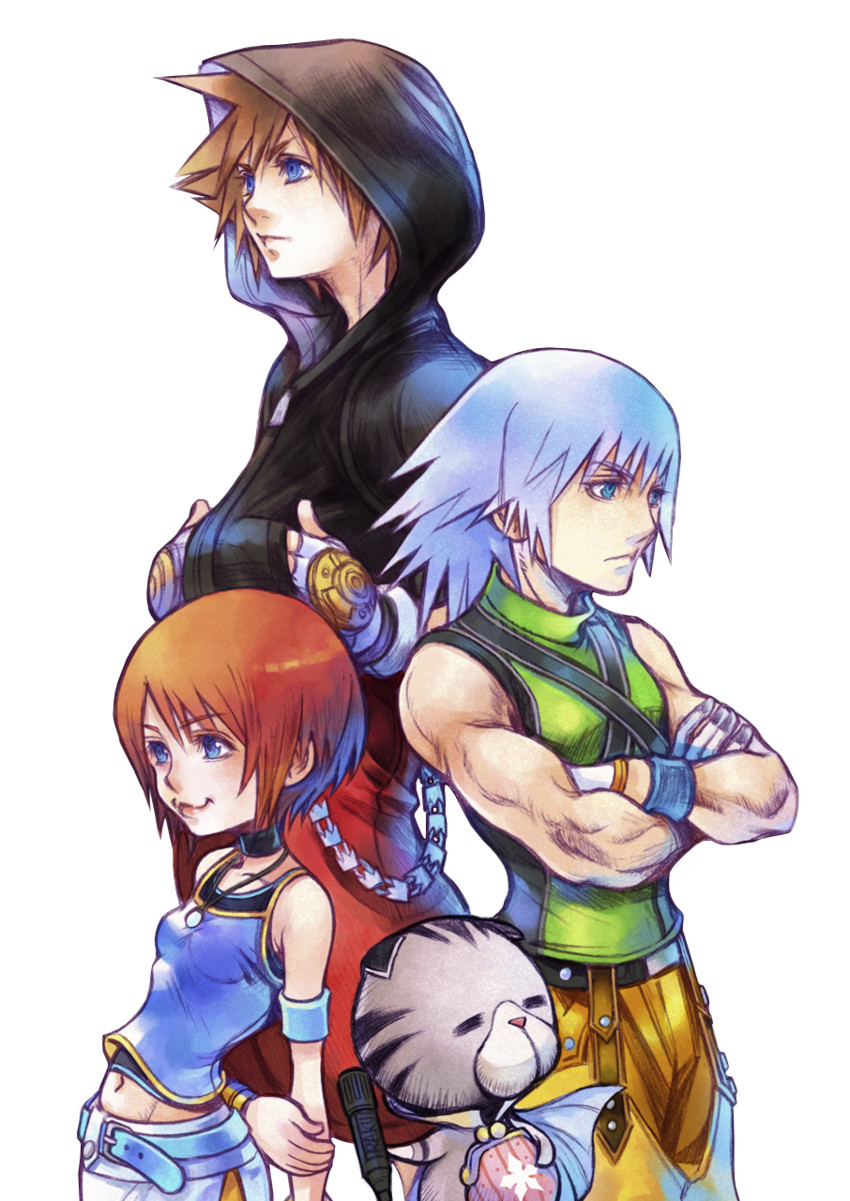 a digital illustration featuring the main trio from the kingdom hearts video game series. from left to right: kairi, sora, and riku. sora, the tallest, stands in the back with his arms crossed, wearing his signature black hoodie. riku stands in front of him with his arms crossed, wearing a green and yellow outfit. kairi, the shortest, stands in front with her arms behind her back, wearing a blue and white outfit. they all have a determined expression on their faces. a small, gray and white cat with blue eyes peeks out from behind kairi. the background is white.