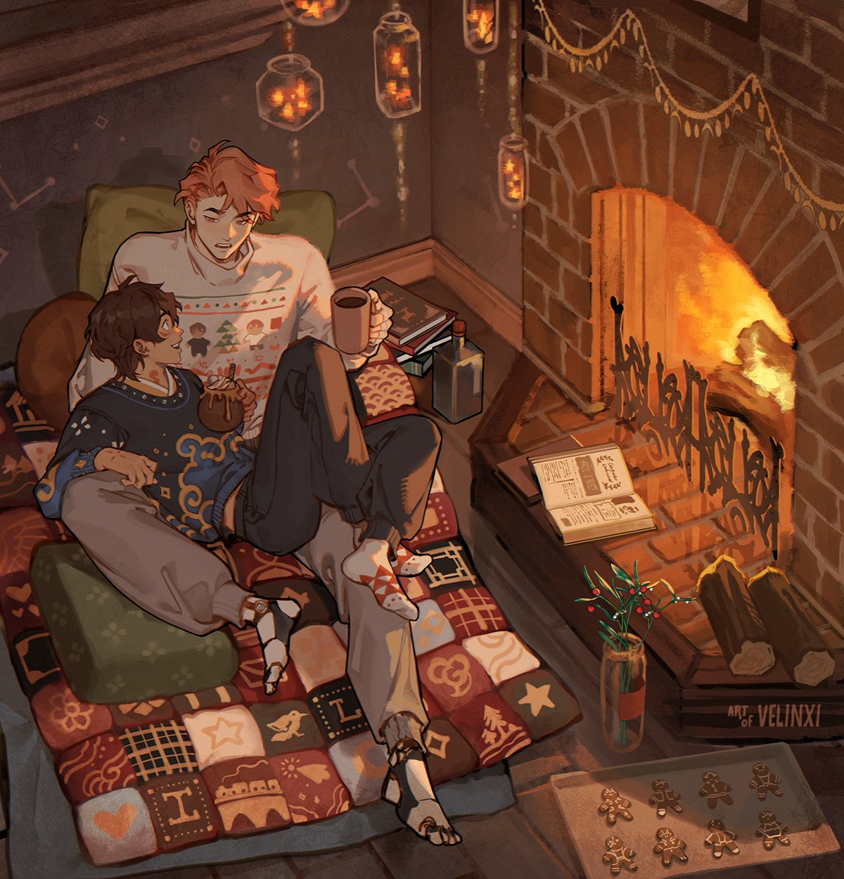 a cozy and festive illustration depicts a male couple relaxing indoors during christmas time. they are sitting on a large patchwork blanket near a brick fireplace with a roaring fire. one man is holding a mug of cocoa with whipped cream and a spoon, while the other holds a dessert with whipped cream and a spoon, both wearing christmas sweaters. beside the fireplace, there's an open book, some logs, and a vase with sprigs of greenery and red berries. a tray of unbaked gingerbread cookies is on the floor in the foreground. strings of lights hang from the ceiling and jars with candles are suspended in the air, creating a warm and romantic atmosphere. the style is illustrative and painted.