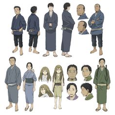 the image shows a collection of character designs from an anime or manga series.  the characters are mostly drawn in a realistic style with detailed features. they are wearing traditional japanese clothing, including kimonos and samurai armor. some of the characters are holding swords, while others have their hands folded or by their sides.  the background is a simple white background, allowing the characters to stand out.  the image is likely from a character design sheet or a promotional material for the anime or manga.
