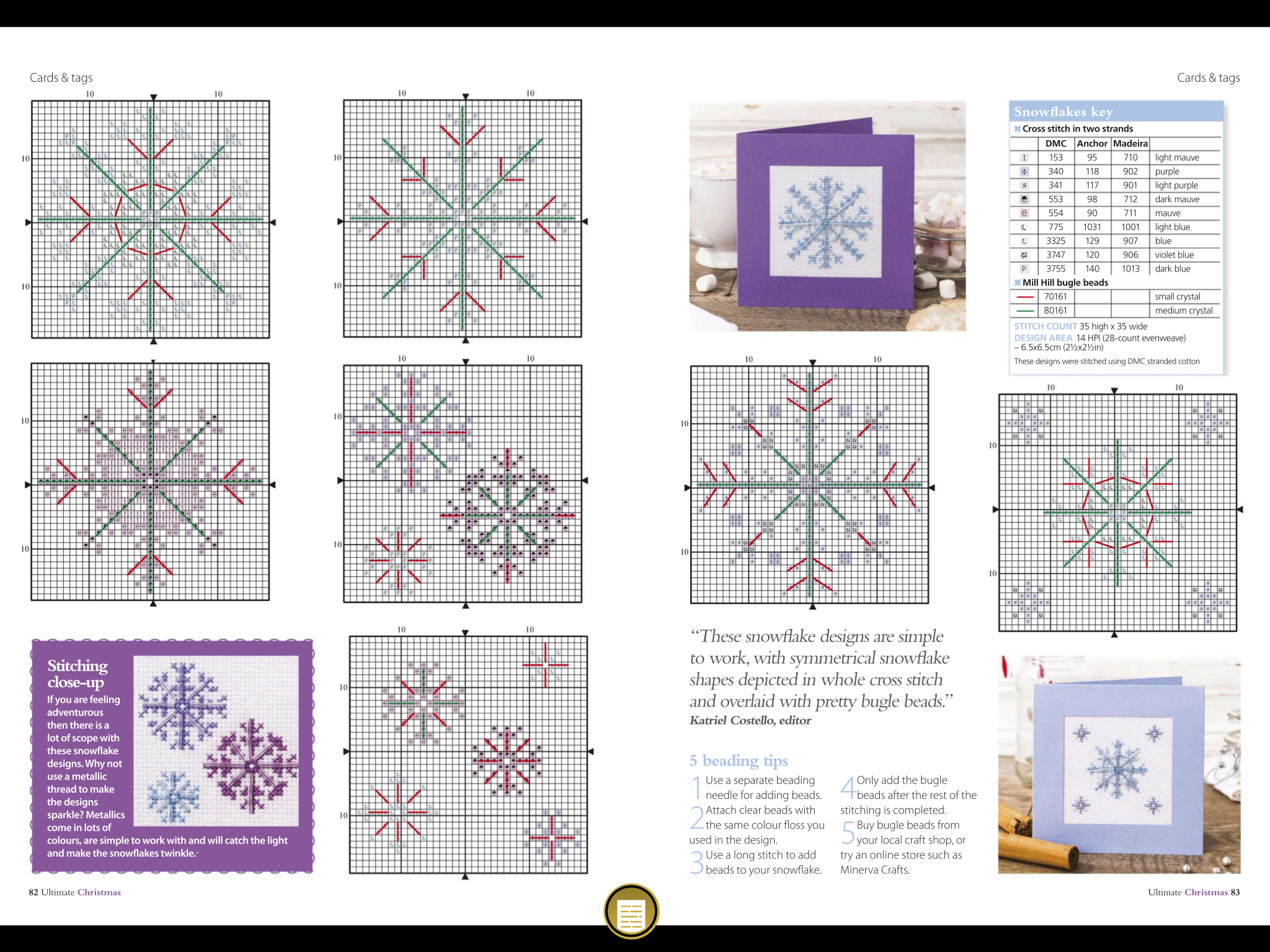 the image is a guide for creating a snowflake cross stitch design. the page shows different snowflake designs, some simple and some more detailed. the image also shows the stitching instructions, beading tips, and a key for the thread colors used. it's a great resource for anyone wanting to learn how to cross stitch or for those wanting to create a festive design for the holiday season.
