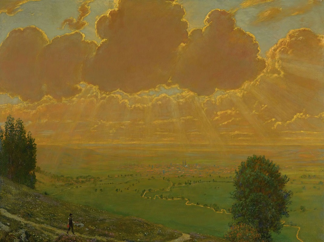 the image is a landscape painting depicting a golden hour scene. cumulus clouds with golden edges dominate the sky, with sun rays shining down onto the valley below. a city can be seen in the distance. a figure is walking along a path on a hill in the foreground. trees and wildflowers dot the landscape. the overall style is reminiscent of naturalism.