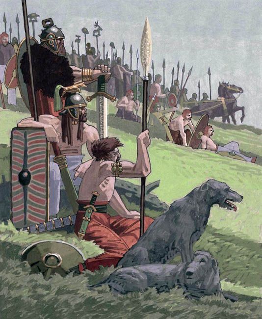 illustration of a celtic army resting on a grassy hill. the scene depicts warriors with spears, swords, shields, and helmets, along with dogs and a chariot with horses.