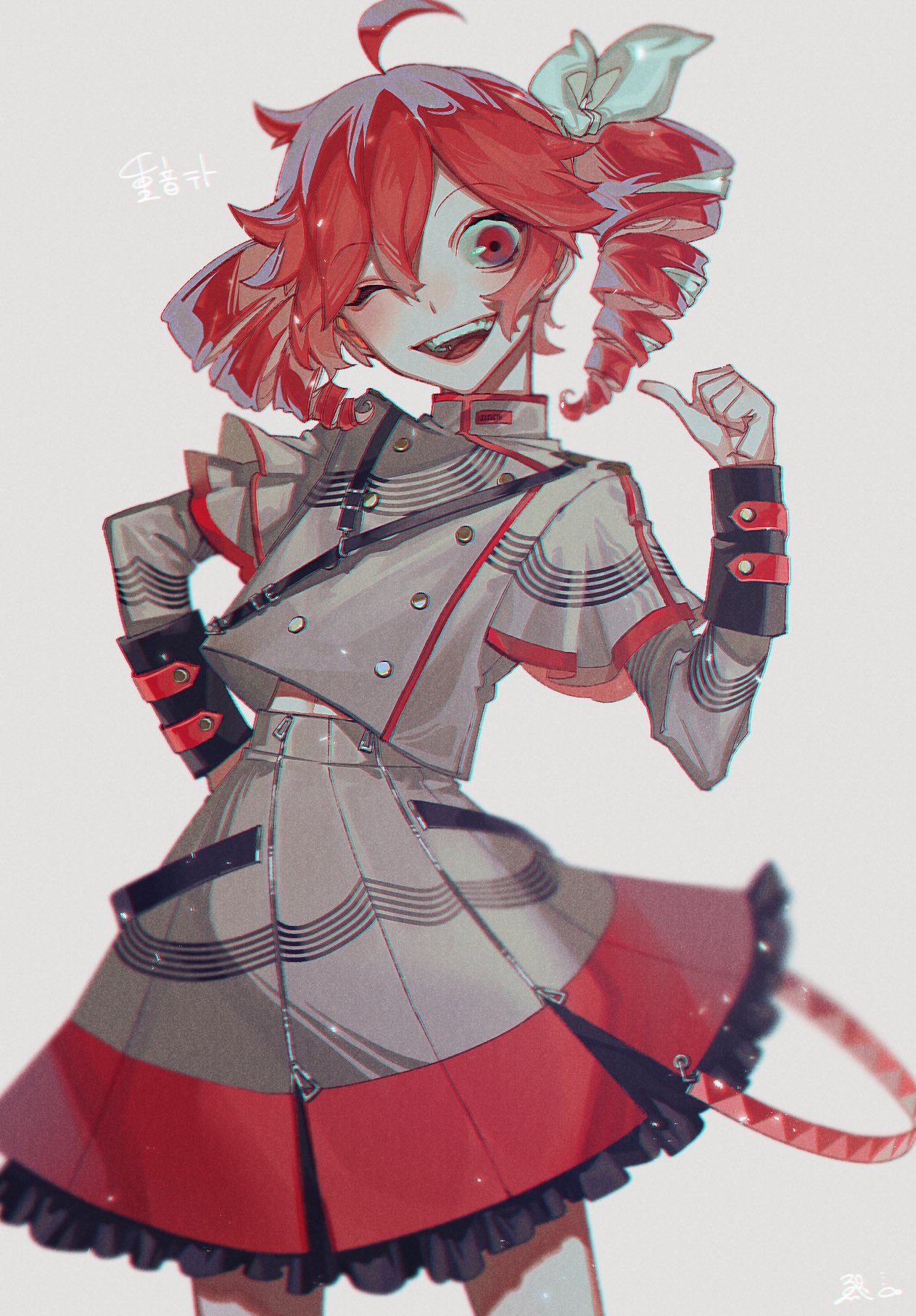 the image is a digital drawing of a stylized anime girl. she has bright red hair styled in two short pigtails, with a white ribbon accent. she's winking and has a playful expression.  her outfit is a unique blend of styles: a cropped, grey and red militaryinspired jacket, layered over a pleated skirt with red and black accents.  the style is vibrant and detailed, with a focus on fashion and character design.  the background is a plain offwhite. the overall aesthetic is modern and eyecatching, blending elements of anime, manga, and fashion illustration.