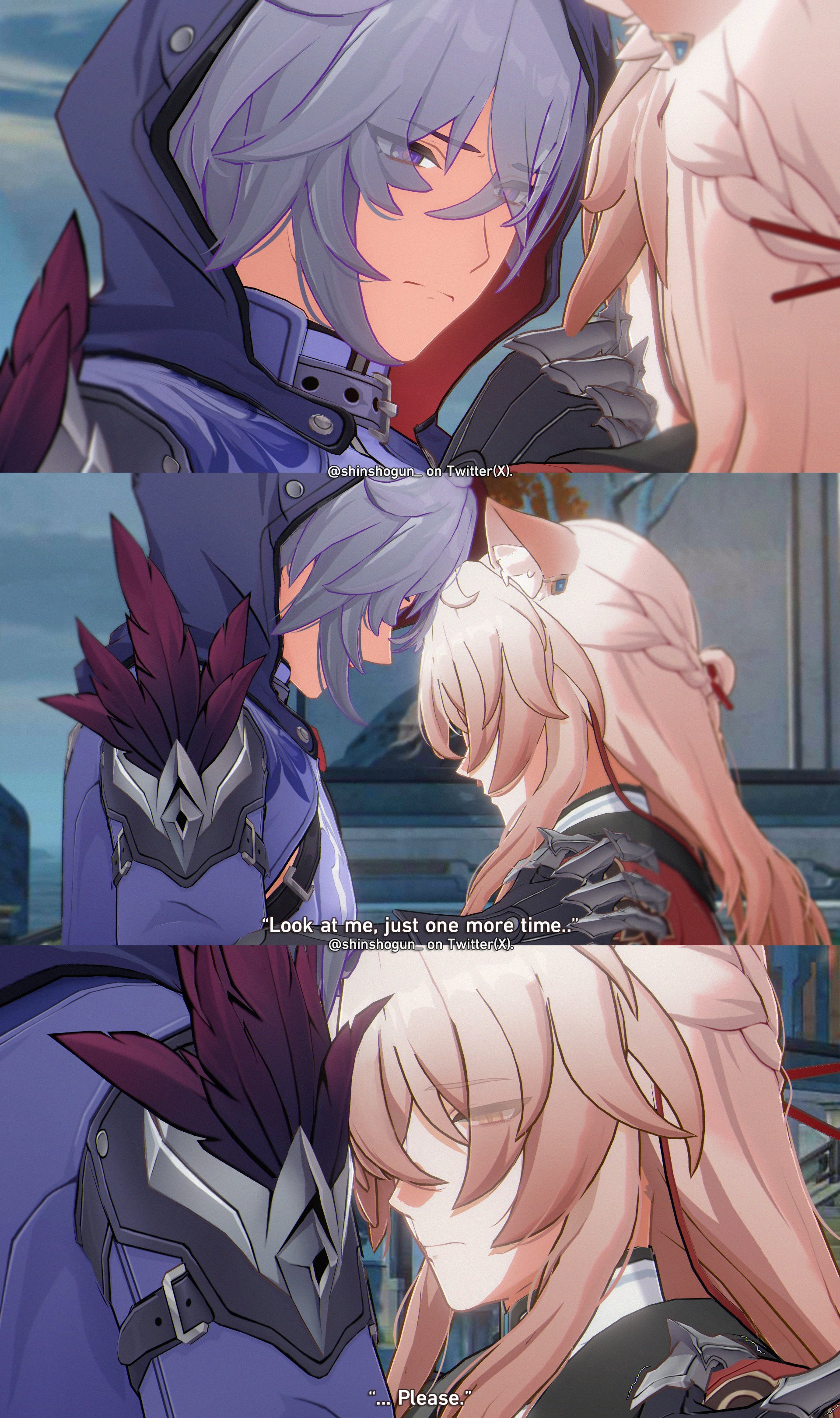 this image features a closeup shot of albedo and ganyu, two characters from the popular video game "genshin impact".  they are seen in a close embrace, with albedo resting his head on ganyu's shoulder, while ganyu leans against albedo, her head resting against his cheek. albedo has his eyes closed, while ganyu's are open, gazing off to the side.  the image conveys a strong sense of intimacy, love and affection between the two characters.