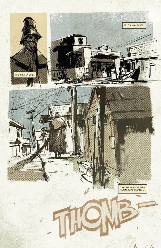 this image is a panel from a comic book. it has text in word bubbles and speech bubbles. there is a character walking down a street in a town. the character is a man wearing a long coat. the town is made of simple buildings with many power lines. the town is empty except for the character and there is a ghostly figure in the upper left hand corner of the image. the panel has a sepia tone color scheme and lines are used to create the details.