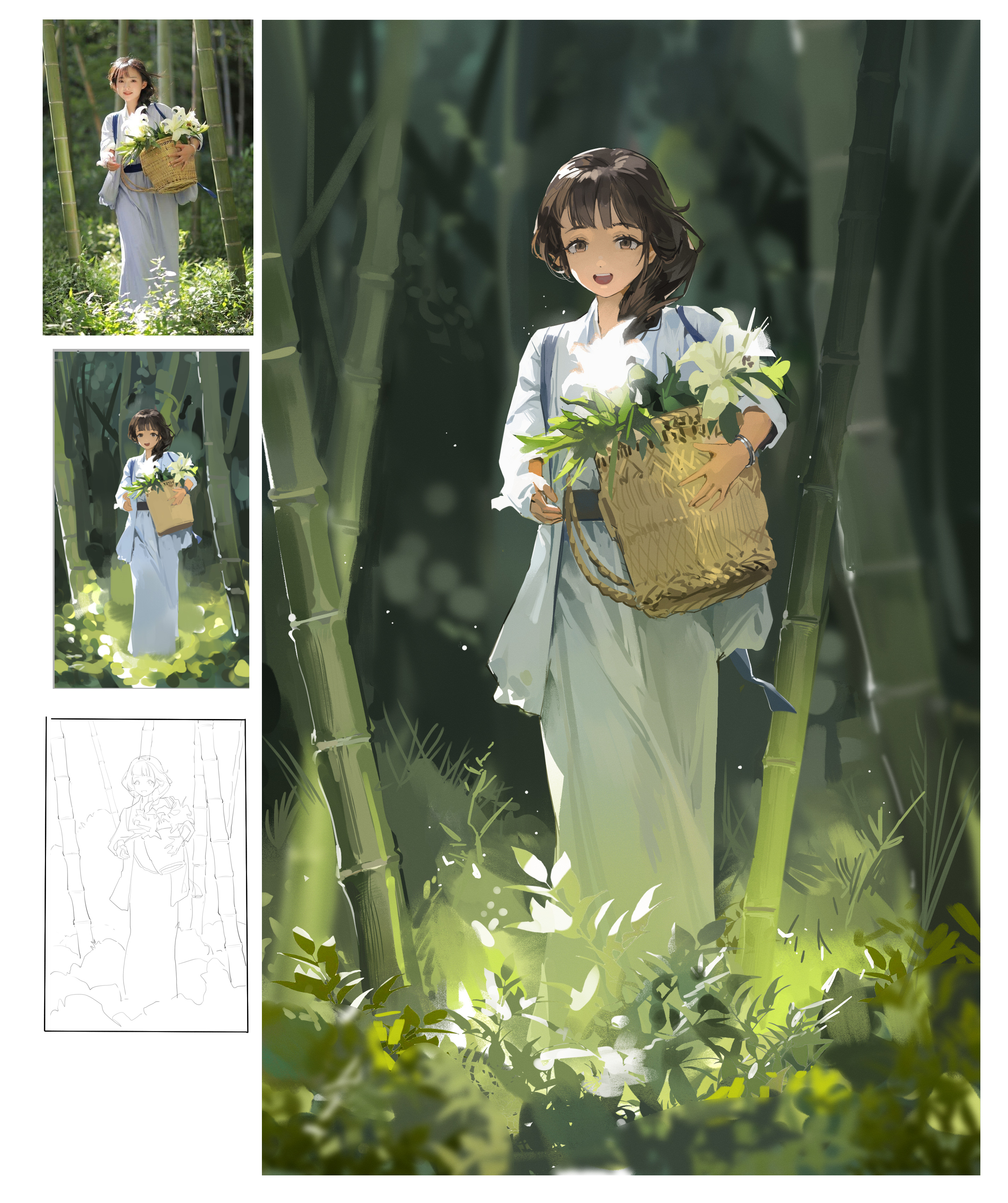 the image showcases an animestyle illustration of a young girl standing in a sundappled bamboo forest.  she's wearing a light blue, traditionallooking robe and carrying a basket overflowing with white flowers.  the illustration style leans towards a softer, painterly aesthetic with visible brushstrokes.  there are three smaller versions of the image included: a fullcolor version with less background detail, a black and white version, and a line art version.