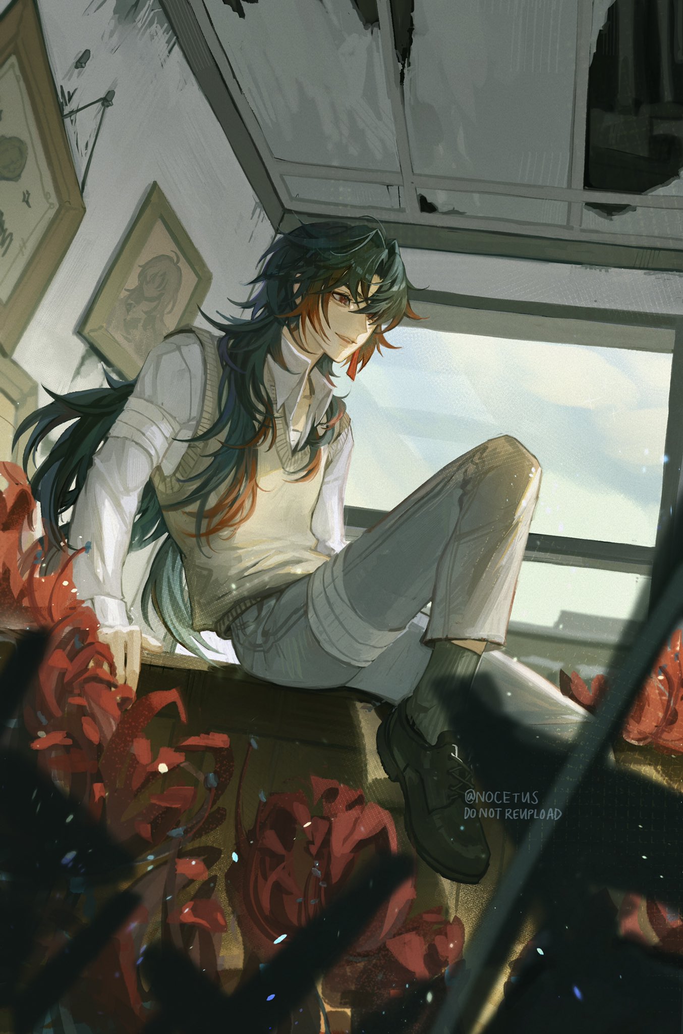 the image shows a male anime character with long black hair and red eyes. he is wearing a white shirt, blue jeans, and black shoes. he is sitting on a windowsill, looking away from the viewer. there are red flowers on the windowsill behind him. the character is in a building, and the window is open to the outside. the image has a soft, dreamy quality.