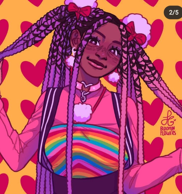 this is a digital illustration of a young woman with long purple braids, wearing a pink outfit with rainbow stripes. she has a big smile and is looking up. there are hearts and flowers around her and she has a rainbow crop top with overalls on. her accessories include a choker, earrings, and bows. she is looking happy and confident in her unique and colorful outfit.