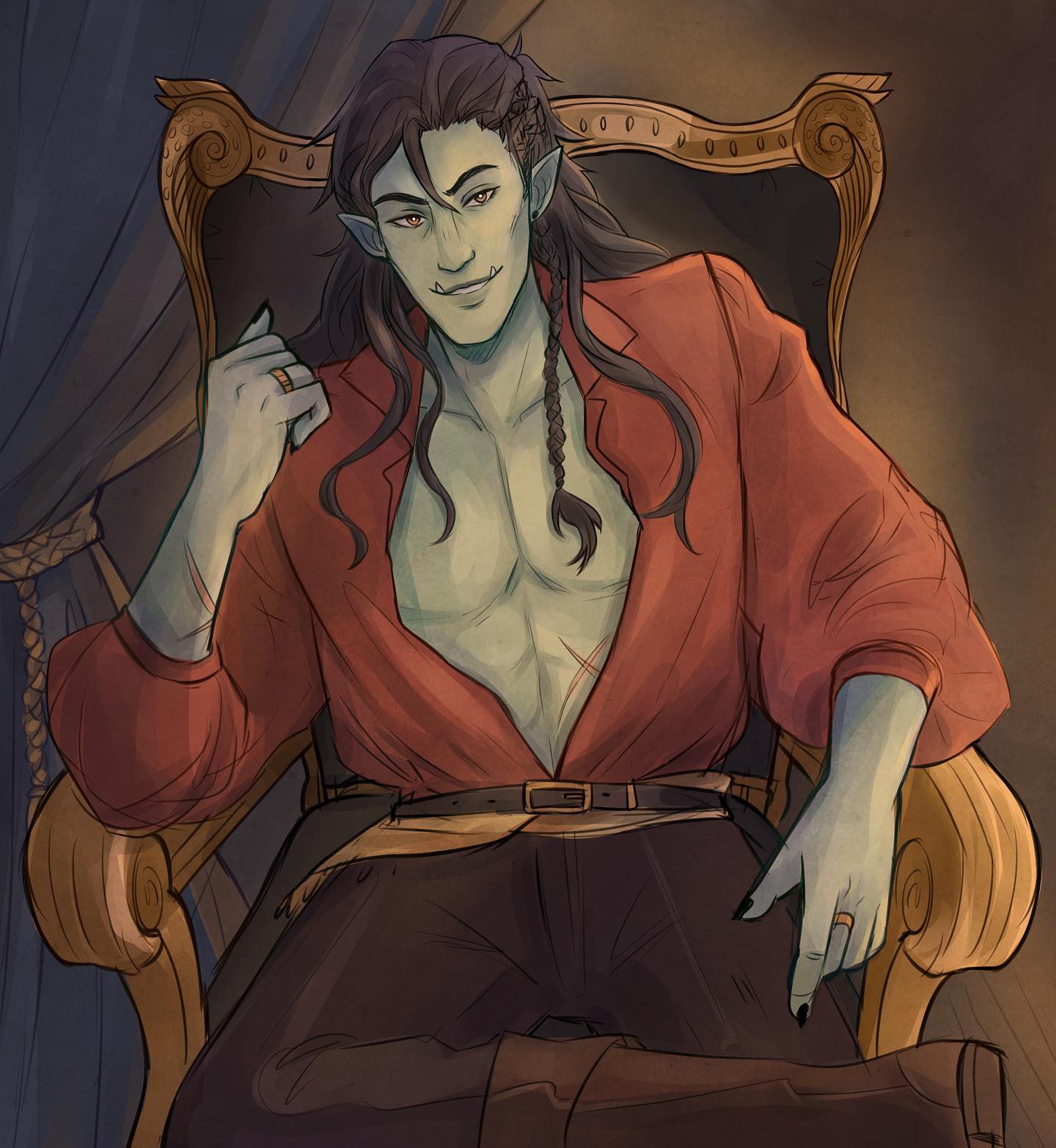 the image is a digital painting depicting a fantasy character, possibly an elf or dark elf with vampiric features, seated in a large, ornate wooden chair.  he has pale greentinged skin, pointed ears, and fangs, suggesting a supernatural or undead nature. he wears a loose red shirt open at the chest, revealing his muscular physique.  he has long, dark hair styled in a braid down his back. dark trousers and a belt complete his attire. he has scars on his chest and arm.  he wears rings on his fingers and has a confident, almost smug expression. the background is dark and moody, with dramatic lighting highlighting the character and his ornate chair. the overall style suggests high fantasy or possibly a gothic aesthetic.