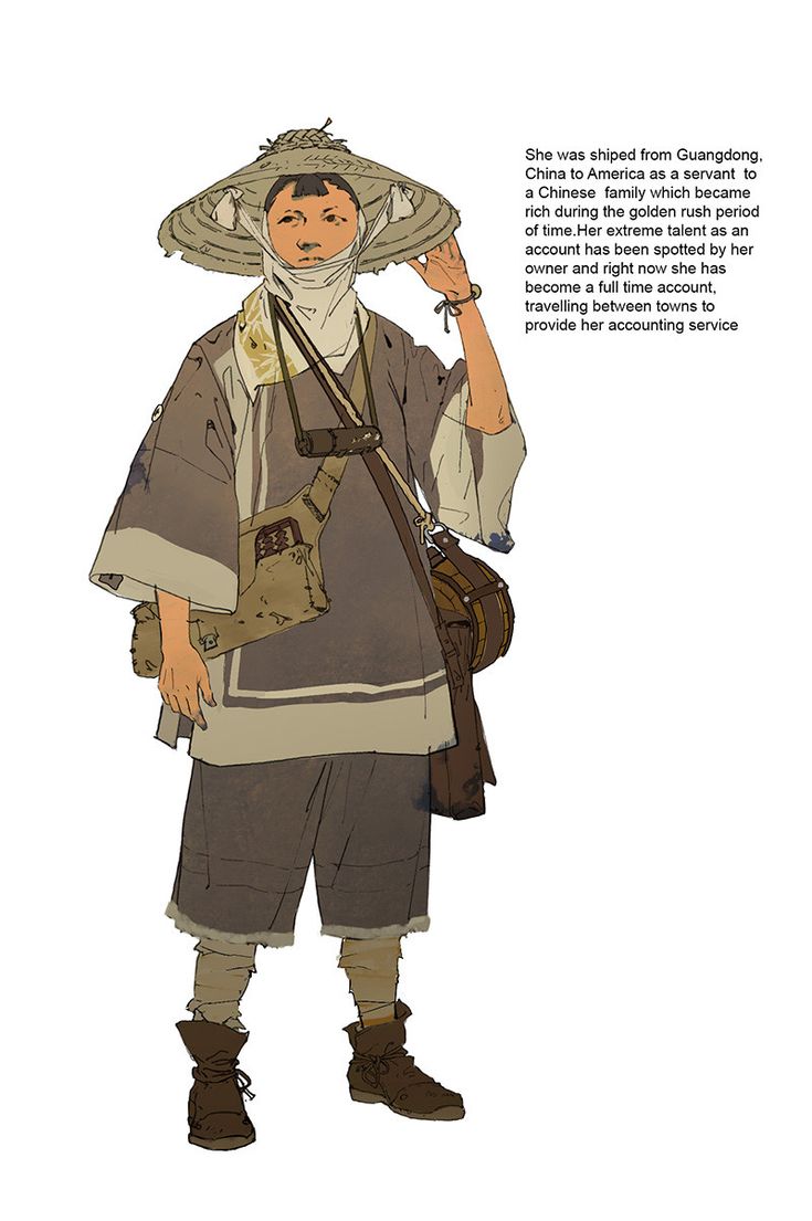 a fullbody illustration of a chinese woman wearing a traditional hat and a satchel as she walks through the american wilderness with the text "she was shiped from guangdong. china to america as a servant to a chinese family which became rich during the golden rush period of time. her extreme talent as an account has been spotted by her owner and right now she has become a full time account, travelling between towns to provide her accounting service" over the image.