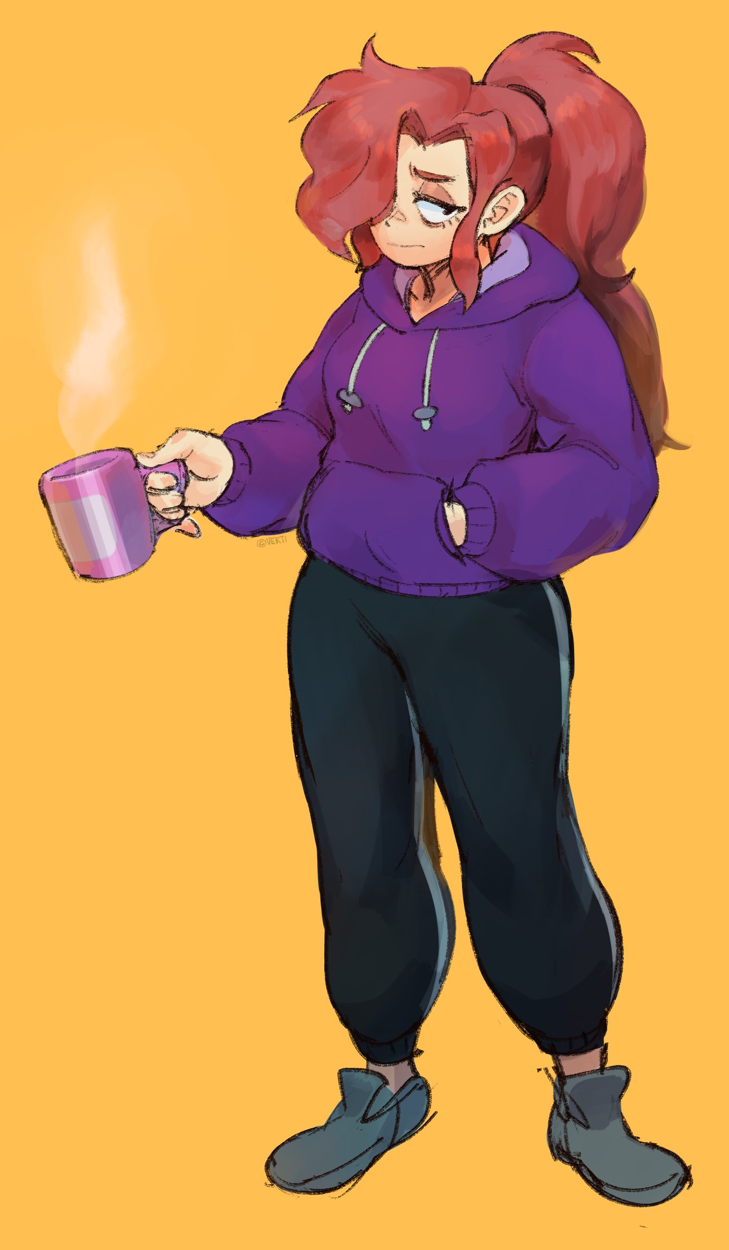 this is a cartoon illustration of a woman wearing a purple hoodie and black pants standing with a mug of coffee. she has red hair, and is looking down. the steam from the mug is coming up in a soft swirl, indicating that the coffee is hot. the background is yellow, with a soft outline around the woman. she is standing with one hand on her hip, and the other holding the mug. the woman looks relaxed and tired, perhaps sleepy, and is possibly bored. the illustration style is casual and animelike, and there is a soft focus around the woman and her clothing, making the illustration feel cozy and comfortable.