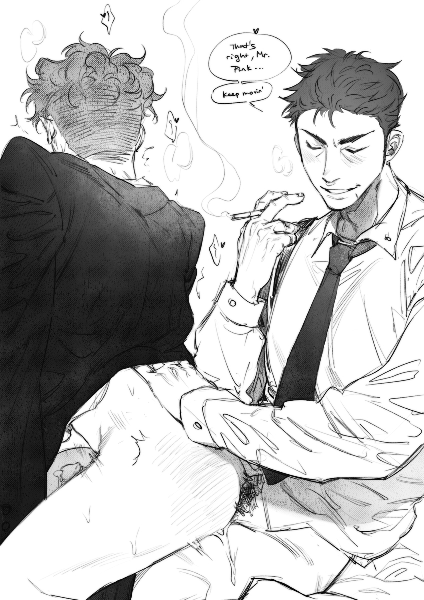 a monochrome sketch depicting two men in a suggestive pose. the man in the foreground, wearing a suit and tie, is smoking a cigarette and appears to be spanking the man behind him, who is dressed in a suit. the drawing has a loose, sketchy style, and the overall atmosphere is intimate and somewhat erotic.  speech bubbles indicate dialogue hinting at the nature of their interaction.