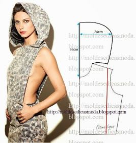 the image shows a woman wearing a hooded dress alongside a sewing pattern. the dress is a fitted design with a hood and side cutouts. the sewing pattern includes measurements.