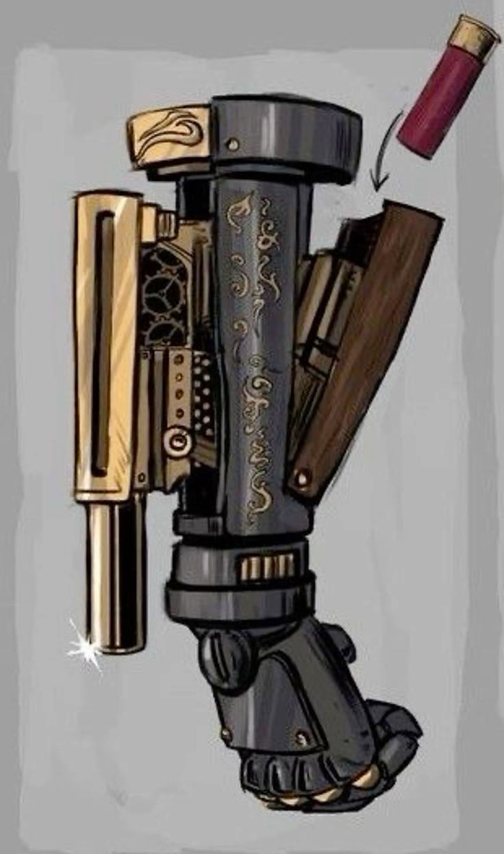 the image depicts a steampunkstyled firearm that integrates with a prosthetic limb. the weapon features intricate mechanical details, including visible gears and an ornate design. a cartridge is shown being loaded into the gun. the device has a black finish with gold accents, adding to the aesthetic. the artwork evokes a fantasy setting with advanced mechanical technology.