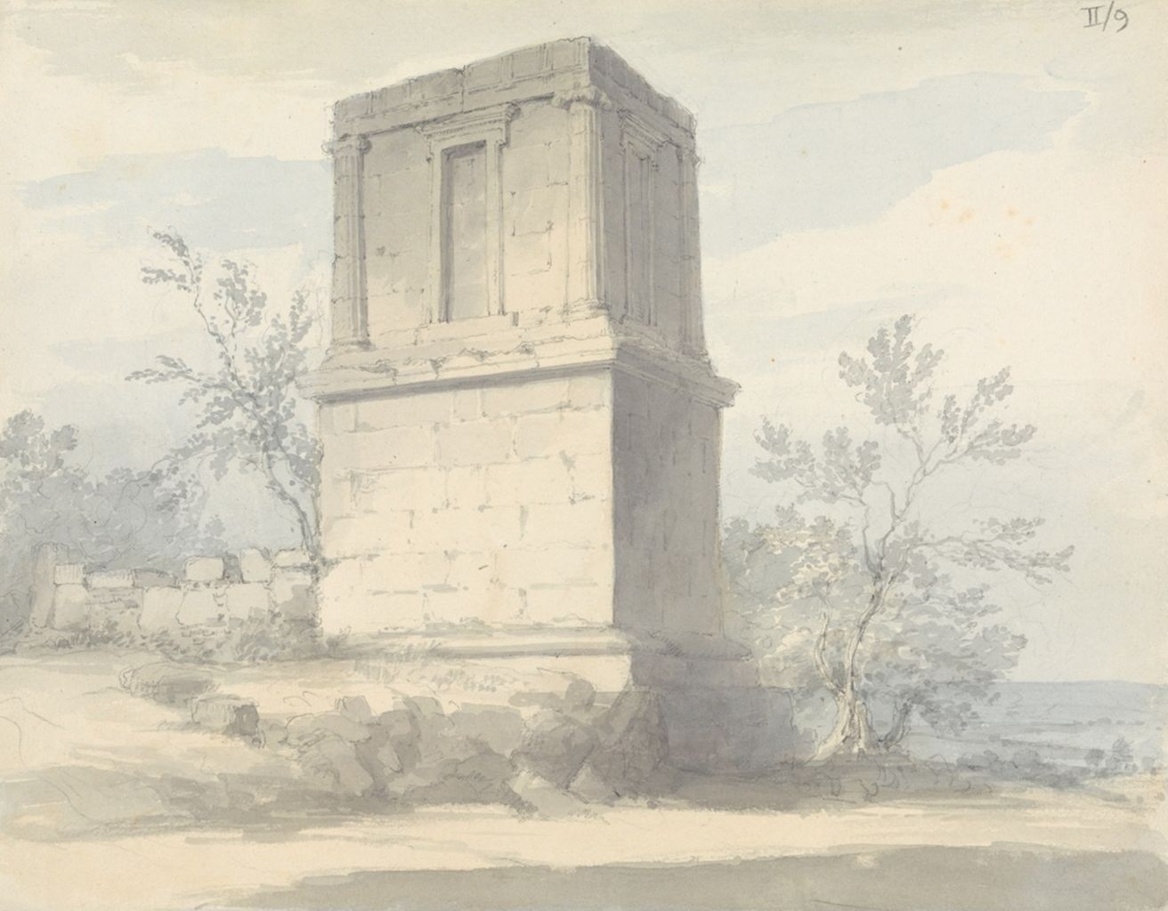 the image is a watercolor painting of an ancient stone structure, likely a tomb or monument, set in a landscape with trees and a stone wall. the structure is a tall, rectangular building made of large stone blocks, with a classical design featuring pillars and a decorative cornice. the painting is done in muted, pale tones, giving it a soft, aged appearance. the landscape includes trees on either side of the structure, and a low stone wall extends to the left. the sky is visible in the background, with faint clouds. the overall impression is one of historical significance and serene beauty.