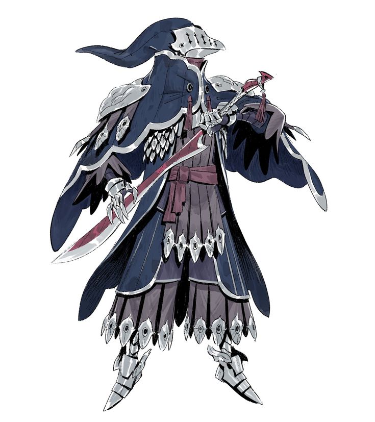 the image showcases a detailed illustration of a fantasy character, possibly from a video game. the character is depicted in a long, dark blue robe with intricate metallic detailing along the edges and waist. a large, hooded helmet obscures their face, giving a sense of mystery. they wield a long, slender sword with a redtinged blade, held at their side. the style is dark fantasy, with a blend of gothic and medieval elements in the clothing and armor. the artwork is richly detailed, emphasizing the texture of the fabrics and the metallic elements of the costume. the color palette is primarily muted grays and blues, with accents of red on the sword and sash. the character appears noble and elegant, yet imposing and powerful. the overall impression is one of mystery and might.