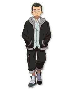 the image shows a young man with short black hair and dark eyes. he is wearing a black hooded jacket over a white shirt, black pants with cargo pockets on the sides, and black and gray shoes. he has a neutral expression on his face. the style of the drawing is characteristic of anime and manga.