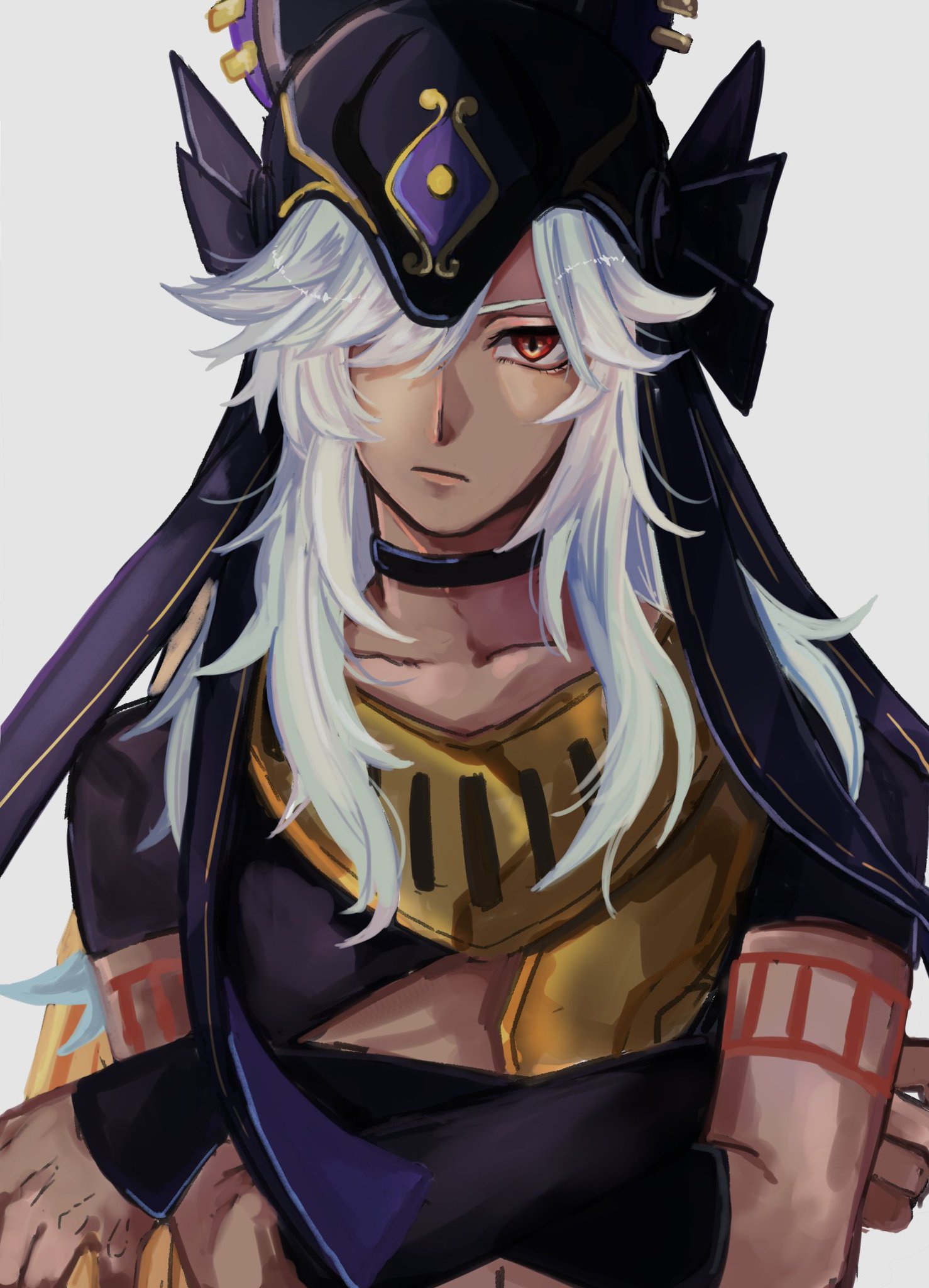 a close up digital illustration of a white haired young male anime character with red eyes. he has a elaborate dark head wear with gold detailing and is wearing a black and gold costume,  his expression is serious.