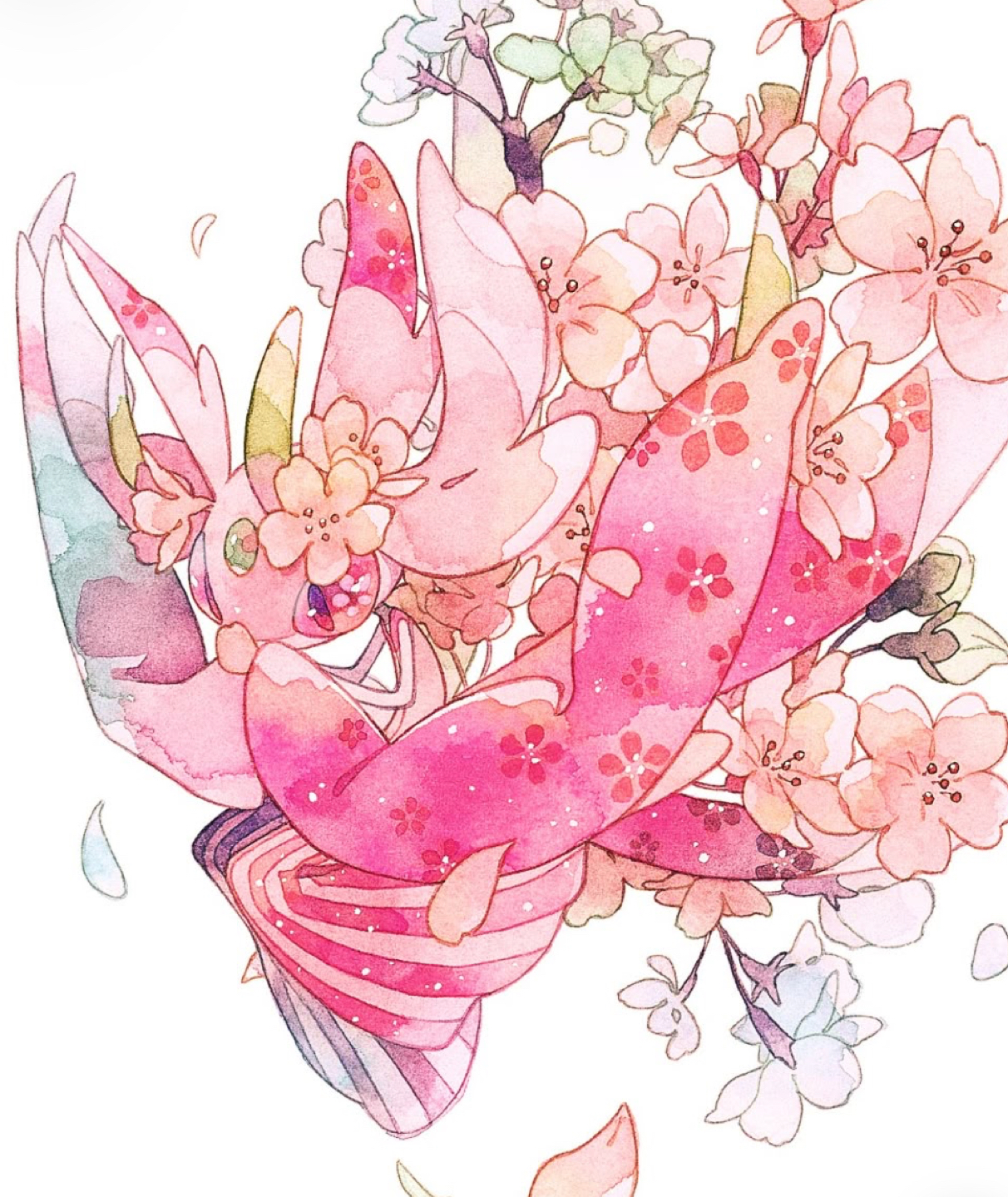 a whimsical illustration of a pink creature with cherry blossoms surrounding it. the creature has large, delicate wings and is adorned with floral details. the cherry blossoms are painted in a soft, watercolor style and add a touch of magic to the scene.