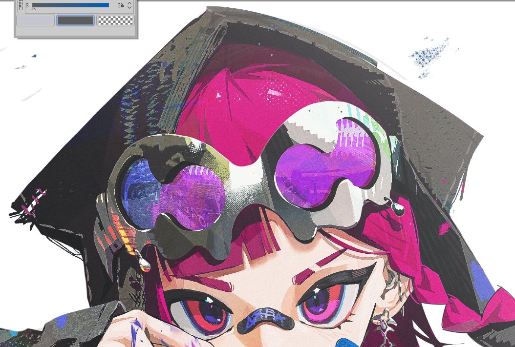 a closeup digital illustration of an animestyle girl. she has bright pink hair partially covered by a dark hoodie and is wearing large, futuristic goggles with a purple tint. her attire and accessories have a cyberpunk aesthetic, with graffitilike elements and a vibrant color palette. the style is detailed and highly stylized, with a focus on bold colors and sharp lines. the image has a slightly grunge or textured effect.  a portion of a color adjustment layer interface is visible in the upper left corner, suggesting it's a digitally created artwork.