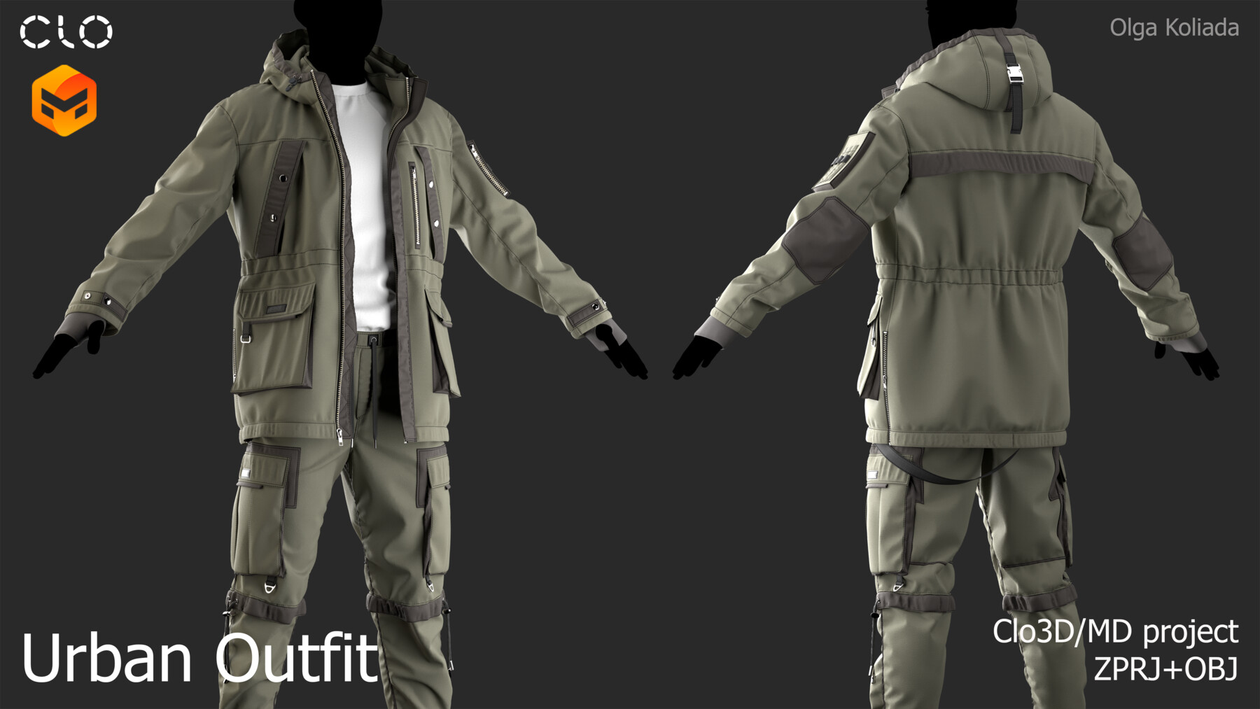 a 3d model of an urban outfit in green featuring a jacket and cargo pants. the model is shown in both front and back view, with a dark background.