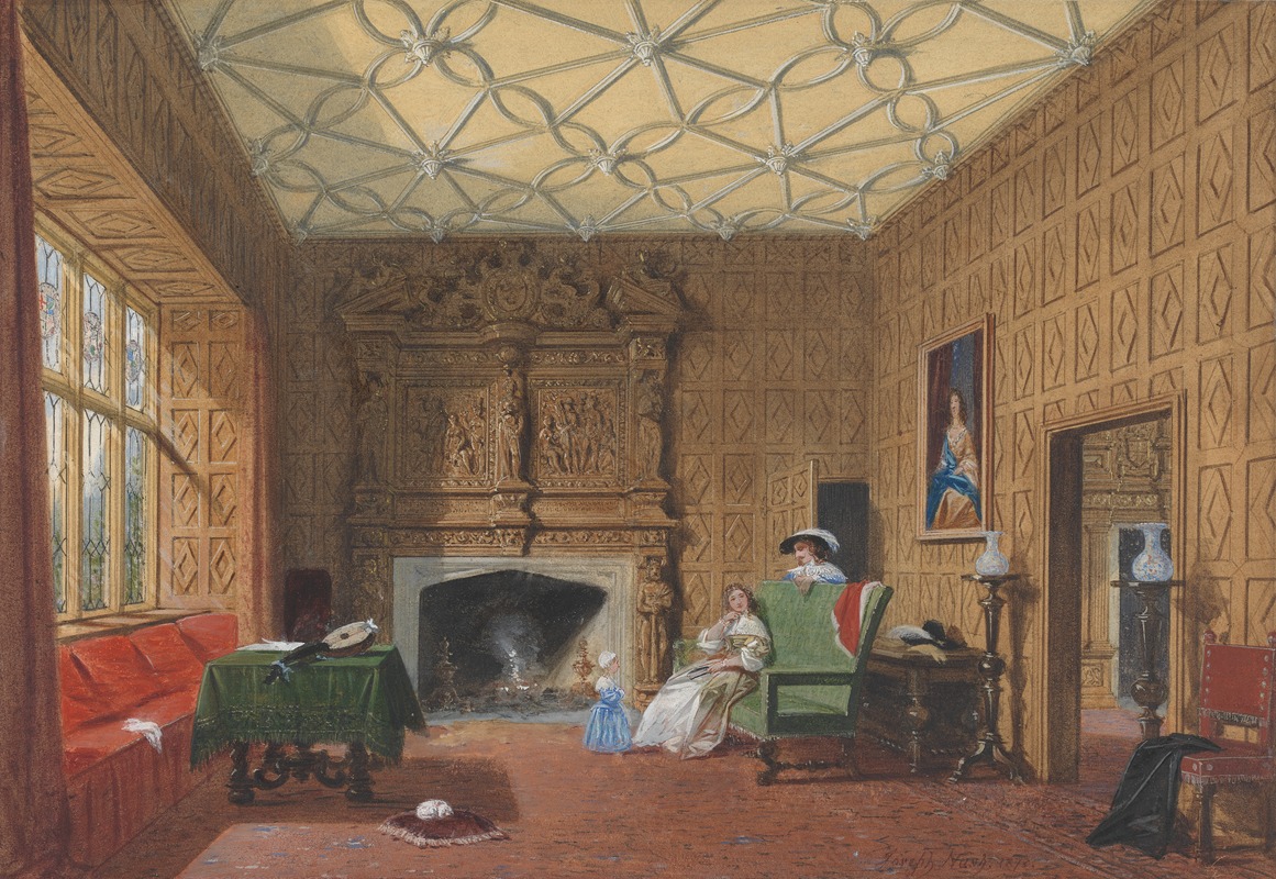 an interior scene depicting a room with paneled walls and an ornate fireplace. a large window lets in light. several figures are present, with two seated near the fireplace and another visible behind the chair. furniture includes a sofa, table, chairs, and various accessories. a painting hangs on the wall.