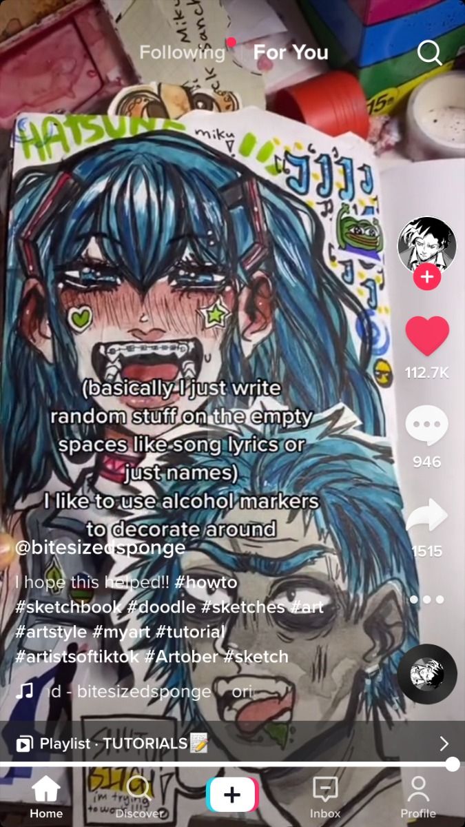 the image is a tiktok video showing a sketchbook page decorated with fanart of hatsune miku. the artist, @bitesizedsponge, uses alcohol markers to draw and fill in empty spaces with song lyrics and names.  the video includes hashtags related to art, tutorials and the artist's tiktok presence. the video also shows the tiktok interface including likes, comments, and shares.  the style is a mix of anime/mangainspired art and more freeform doodling and lettering.
