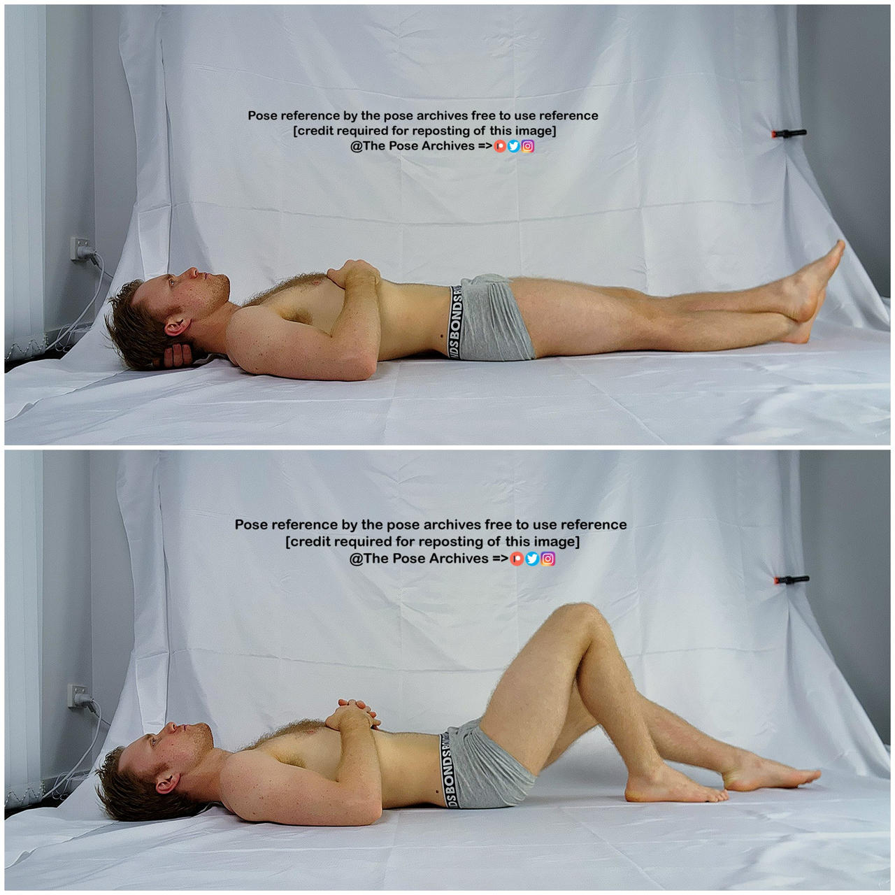 the image shows a male model in two different poses, both lying on his side. the images are designed to be used as pose references for artists. the model is wearing grey boxer briefs and is positioned on a white background. the images are taken from an eye level perspective and use studio lighting.