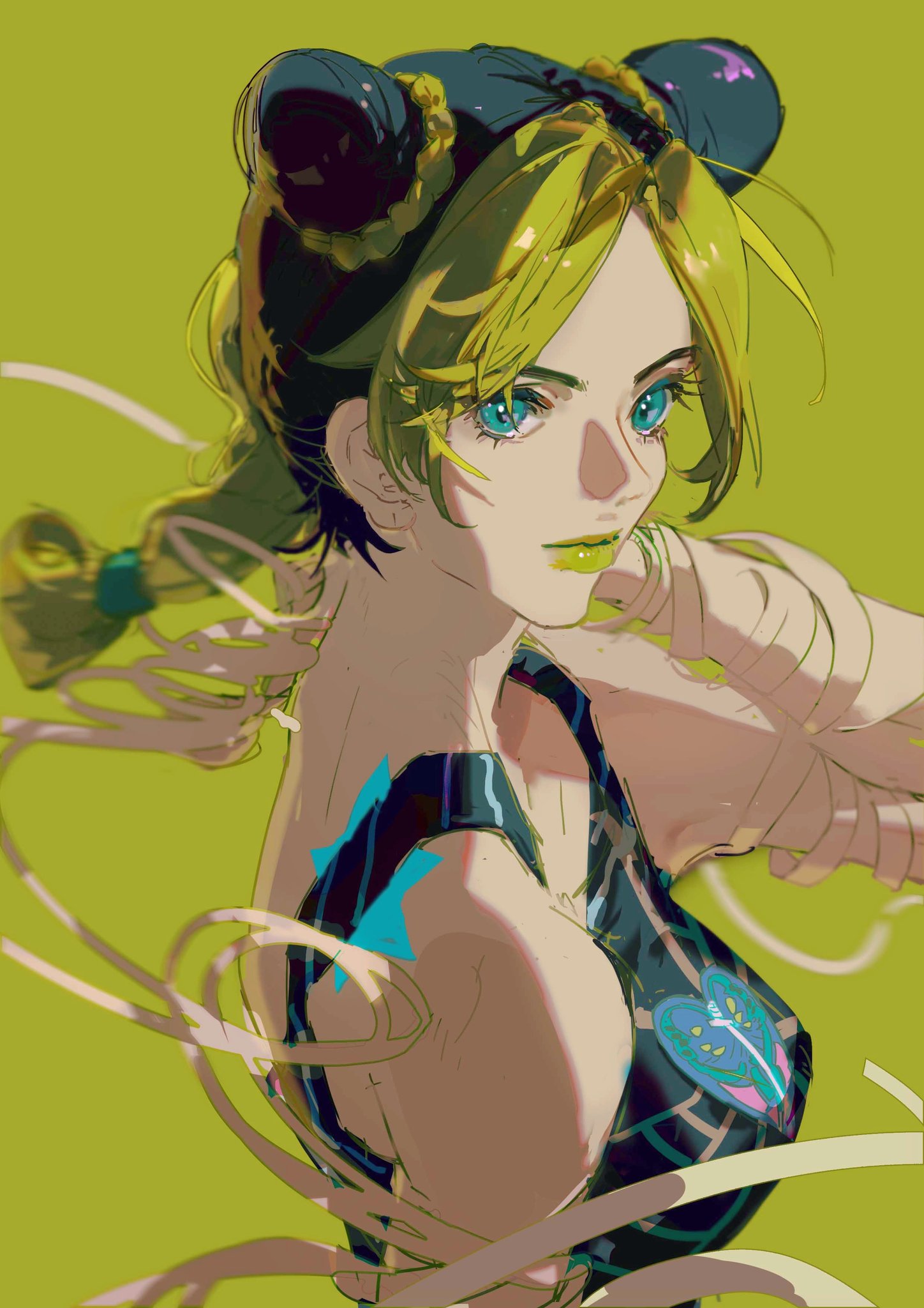 this is a digital illustration of an anime girl with long, blonde hair and blue eyes. she is looking at the camera with a serious expression. she is wearing a stylish outfit, with a black and white top and a green and blue scarf. the background is a simple white, which draws attention to her.