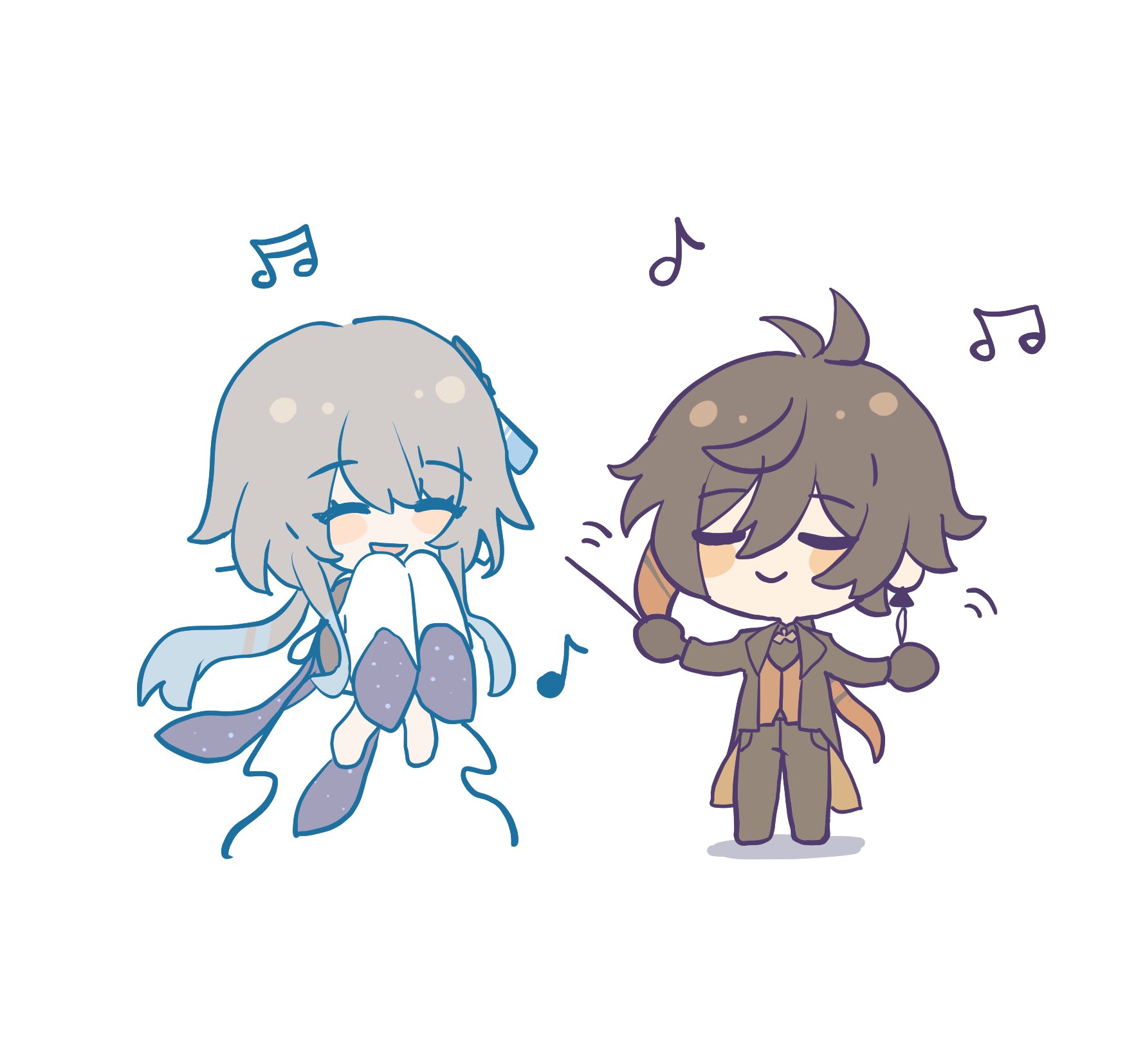 a cute chibi anime girl with long gray hair is sitting with her knees to her chest and is smiling and listening to music. in front of her is a chibi anime boy with brown hair and is dressed as a conductor and is holding a baton and smiling, conducting the music. there are music notes all around them.