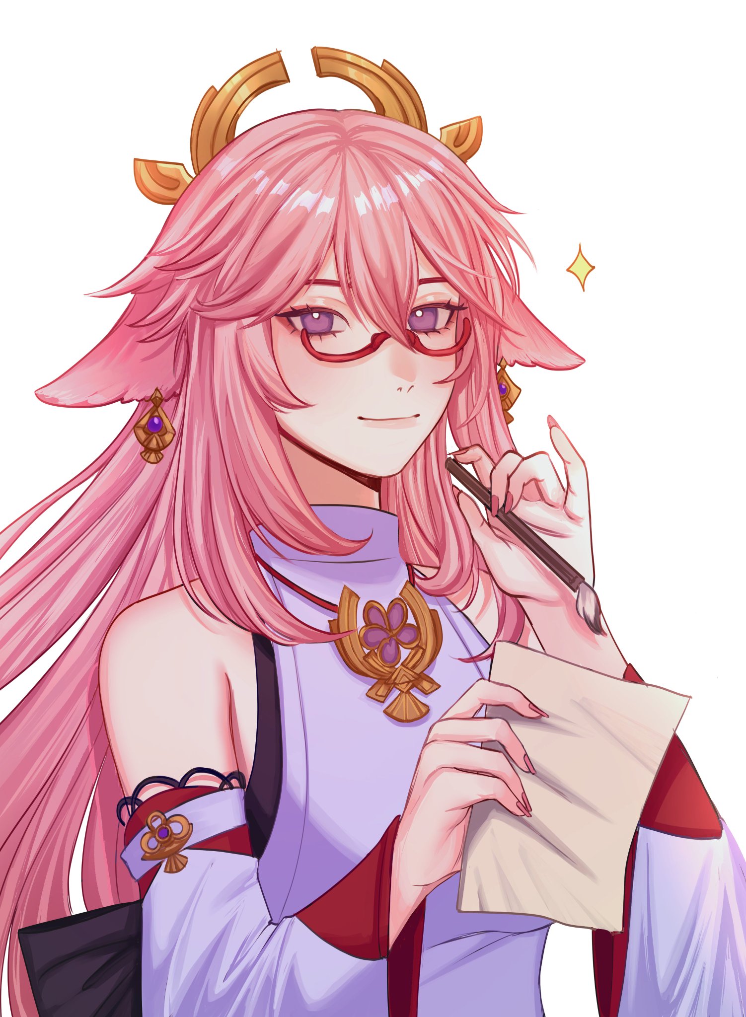 the image is a digital illustration of a cute anime girl. she has long pink hair, wears glasses and a beautiful white dress with a golden ornament. she is holding a pen and a piece of paper. the background is white.